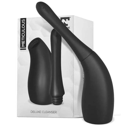 Meticulous Deluxe Cleaner Silicone Black with box, premium anal shower for intimate toy cleaning