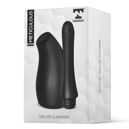 Meticulous Deluxe Cleaner Silicone Black in packaging, designed for safe and effective cleaning of intimate toys, features body-safe silicone.