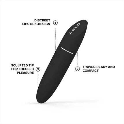 Mia 3 Black discreet lipstick vibrator with sculpted tip for travel-ready pleasure and compact size, featuring powerful modes, USB charging.