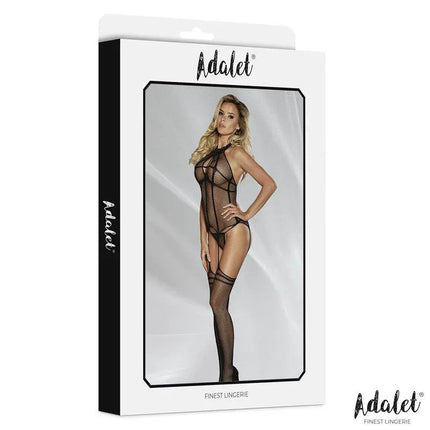 Adalet Mia Bodystocking with Garter packaging featuring a model in all-mesh design with halter neck and built-in garters