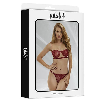 Adalet lingerie packaging featuring a model in red lace set