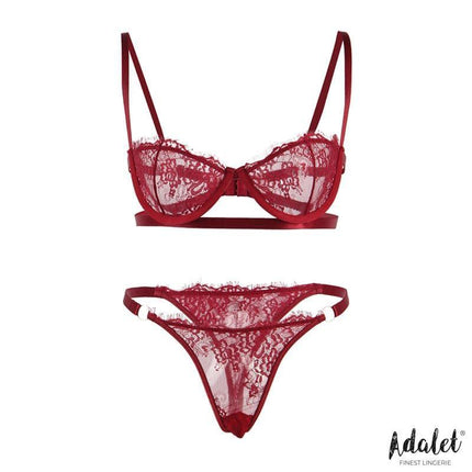Red lace lingerie set with bra and panties by Adalet, showcasing intricate detailing and elegant design for a stylish look.