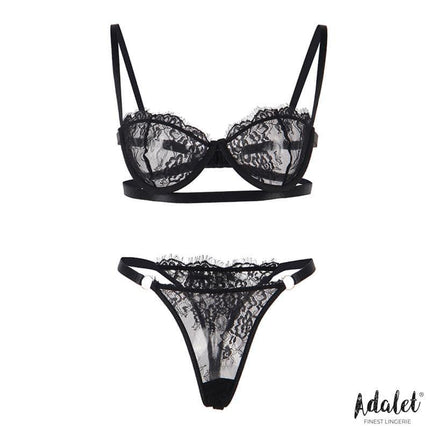 Mia Thong and Bra Set Black by Adalet in lace design with strappy details, offering a bold and sensual aesthetic for romantic evenings.