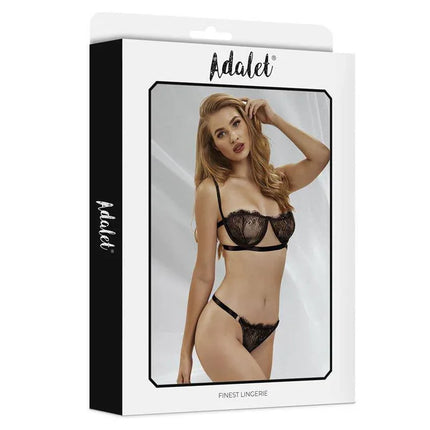 Mia Thong and Bra Set Black by Adalet in packaging, featuring a model showcasing the strappy design lingerie set for romantic evenings.