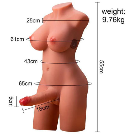 Miah Lady Boy Thrusting and Vibrating Torso9.8 kg with measurements shown for realism and lifelike design, weight 9.76 kg.