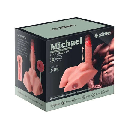 Packaging of Michael Masturbator with Thrusting and Vibration 2.57 kg showcasing product features and design.
