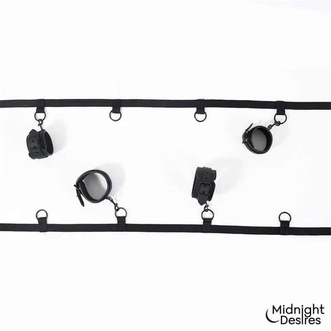 Bed Restraint Set by Midnight Desires featuring adjustable straps and vegan leather cuffs for secure and comfortable use on most beds.