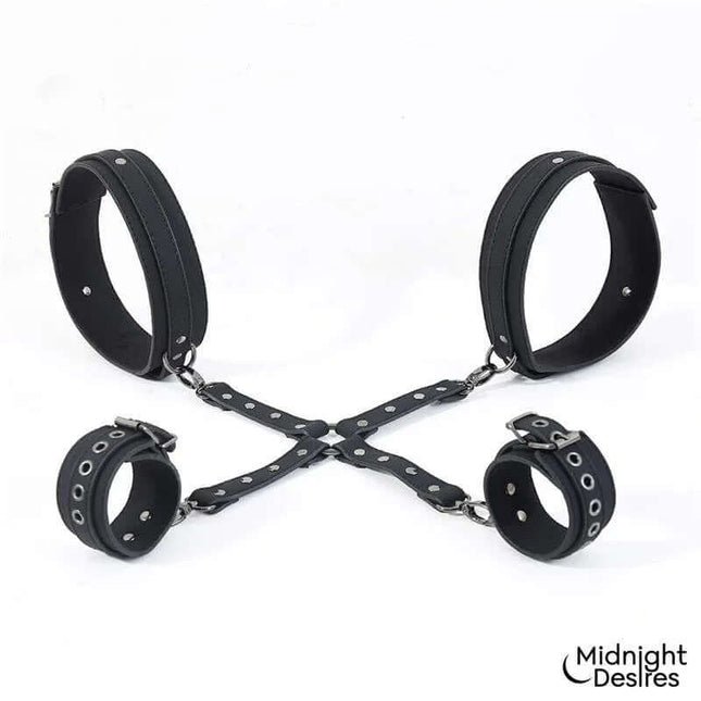 Cuffs and Thigh Hogtie Set by Midnight Desires, featuring adjustable thigh and wrist cuffs with cross restraints for bondage play.