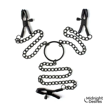 Nipple and Clitoral Clamps by Midnight Desires with adjustable vegan leather chains for adventurous pleasure.