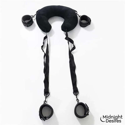 Restraint Set with Neck Pillow featuring vegan leather cuffs and adjustable straps for couples' intimacy, by Midnight Desires.