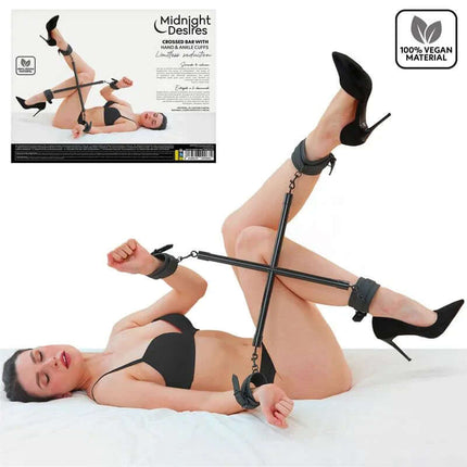 Rigid Crossed Bar with Cuffs in use, showcasing vegan leather restraint, secure design, and adjustable cuffs for adult play.