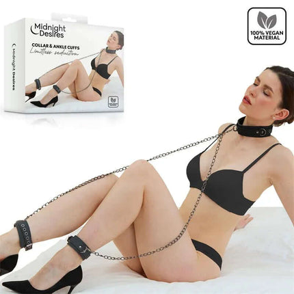 Model wearing Midnight Desires' Collar and Ankle Cuffs with Chain made from vegan leather, showcasing adjustable buckles for bondage play.
