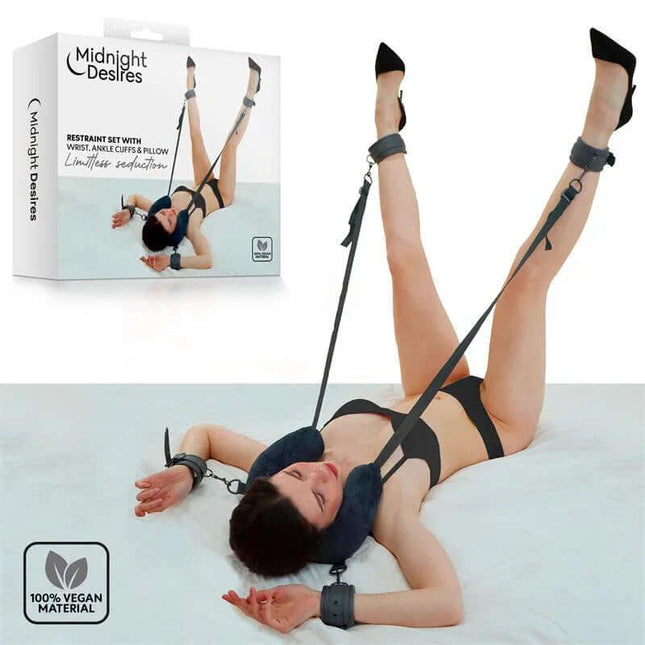 Model using Midnight Desires' Restraint Set with Neck Pillow made of vegan leather, showcasing adjustable and safe intimacy exploration solution.