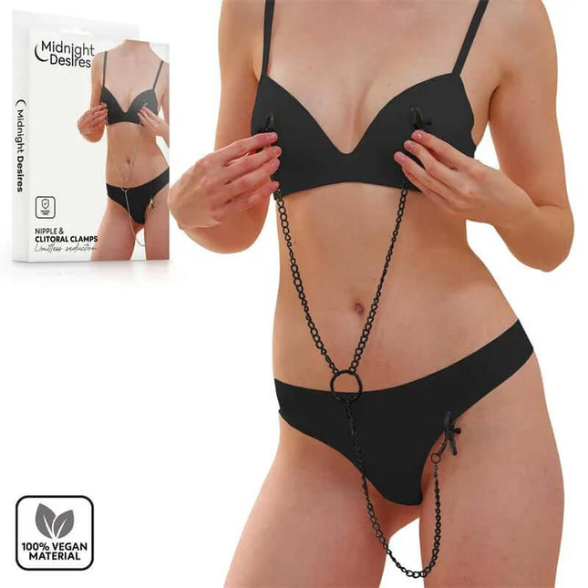 Nipple and Clitoral Clamps by Midnight Desires with vegan leather for adventurous pleasure.