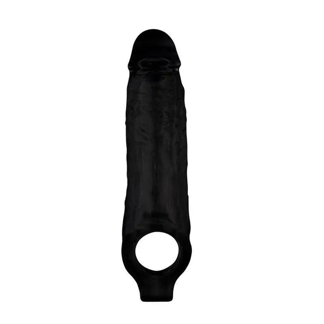 Mighty Sleeve With Ball Loop Black penis sleeve with ball loop, body-safe TPE, 22 cm long, 5.5 cm wide, black color.