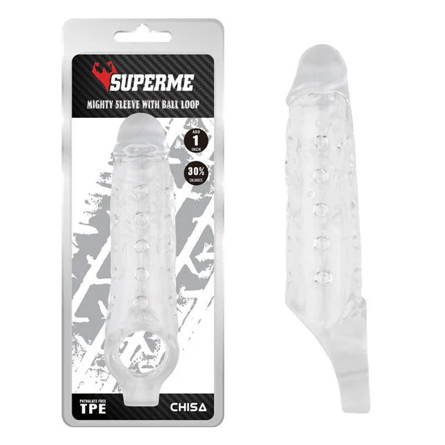 Mighty Sleeve With Ball Loop Clear, premium penis sleeve with secure ball-loop, made of transparent TPE, 22 cm long.