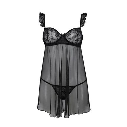 Milagros Chemise and Thong Black luxury lingerie set with lace and adjustable straps, available in multiple sizes, elegant design.