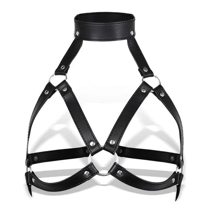 Milenia Breast Harness for Bondage with O-ring design in black leather displaying a provocative silhouette.