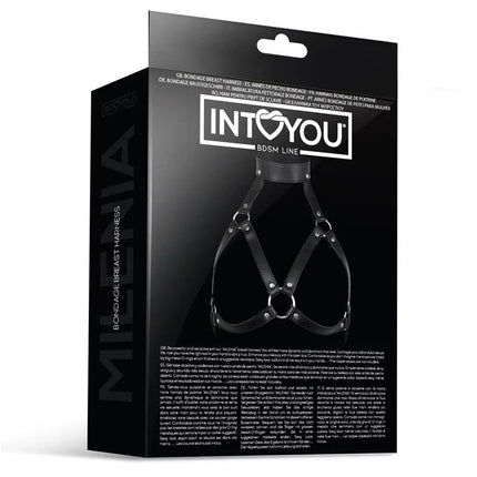 Packaging of Milenia Breast Harness for Bondage with O-ring design and elegant straps, part of INTOYOU BDSM line.