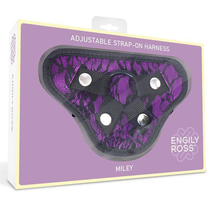 Miley Universal Adjustable Harness with 3 Silicone Rings Purple in packaging by Engily Ross.
