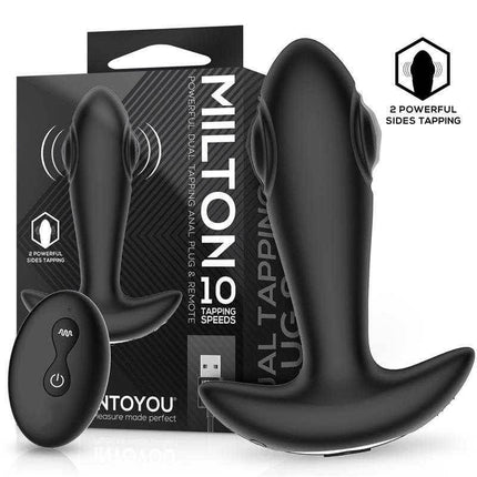 Milton Anal Plug with Remote Control featuring dual stimulation design and 10 tapping speeds, ideal for versatile pleasure.