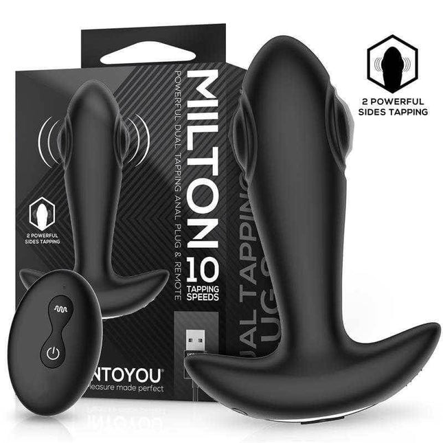 Milton Anal Plug with Remote Control featuring dual stimulation design and 10 tapping speeds, ideal for versatile pleasure.