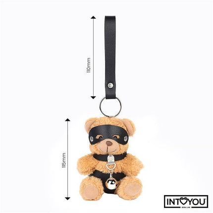 Mimi Keychain BDSM Teddy Bear with Collar and Bell featuring a cute teddy bear with a black mask, vegan leather collar, and silver bell.