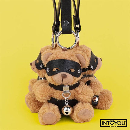 Mimi Keychain BDSM Teddy Bear with Collar and Bell, featuring cute design with black vegan leather collar and attached bell.