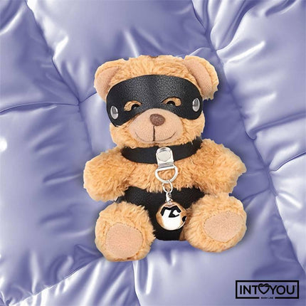 Mimi Keychain BDSM Teddy Bear with Collar and Bell featuring a playful design, suited with a vegan leather collar and a bold bell.