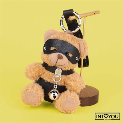 Mimi Keychain BDSM Teddy Bear with Collar and Bell on display, featuring a cute design with vegan leather collar and bold bell.