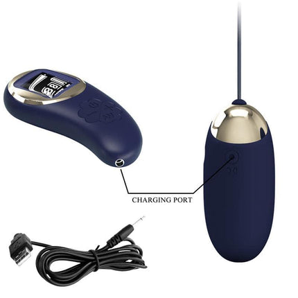 Mina Vibrating Egg with Digital Screem Remote control Blue featuring a blue remote and vibrating egg with charging cable.