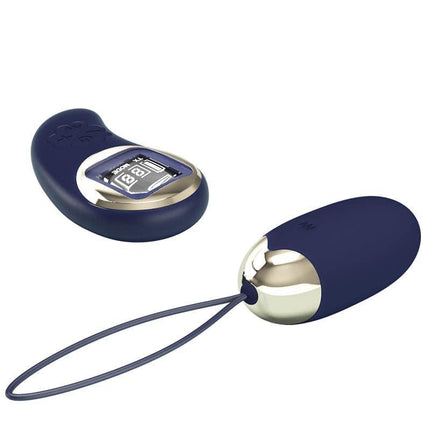 Mina Vibrating Egg with Digital Screem Remote control Blue showing remote and egg design in soft blue silicone with gold accents