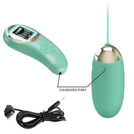 Mina Vibrating Egg with Digital Screen remote control green, silicone texture, wireless, charging port, USB cable included