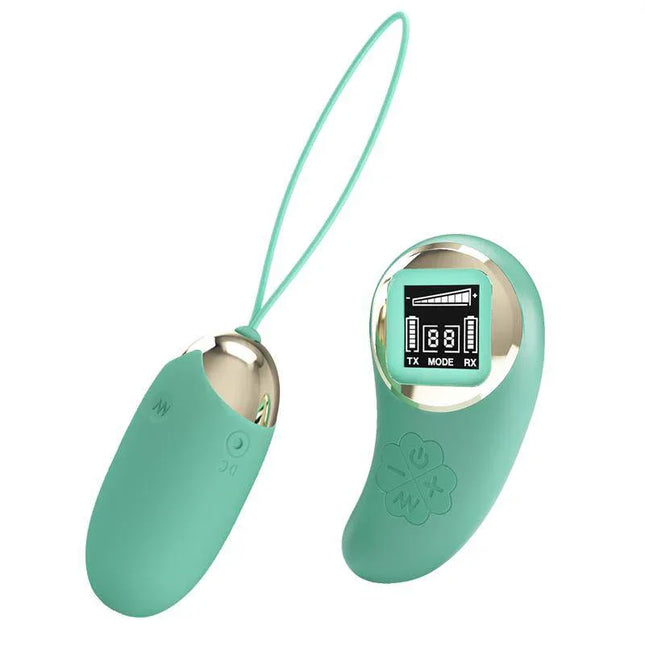 Mina Vibrating Egg with Digital Screen remote control green wireless silicone device with remote display for versatile stimulation.