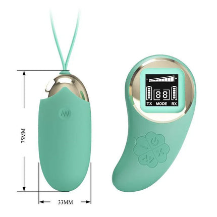 Mina Vibrating Egg with Digital Screen remote control green, silicone texture, remote shown, 10 modes, wireless device for versatile use.