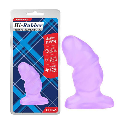 Mini Butt Plug Raging 3.6 package and product in purple, antibacterial PVC, phthalate-free, compact and ergonomic design for beginners.