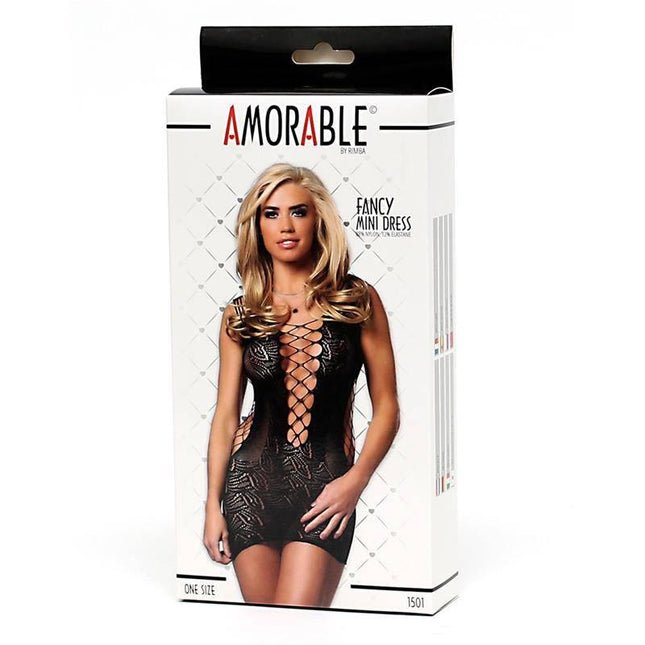 Packaging of Mini Dress One Size featuring a model in semi-transparent black boudoir dress with sheer and opaque panels.