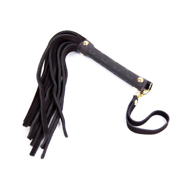 mini bdsm flogger 27 cm with black suede tails and textured handle with gold details for intense bdsm play