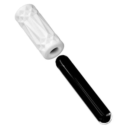 Mini Male Masturbator Fine Lady showing detachable components, white textured exterior, and black insert for enhanced pleasure.