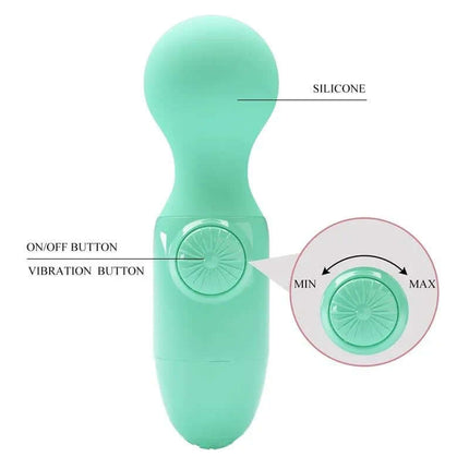 Mini Massager Little Cute Green featuring a palm-sized design, soft silicone cover, and easy control buttons for adjustable vibrations.