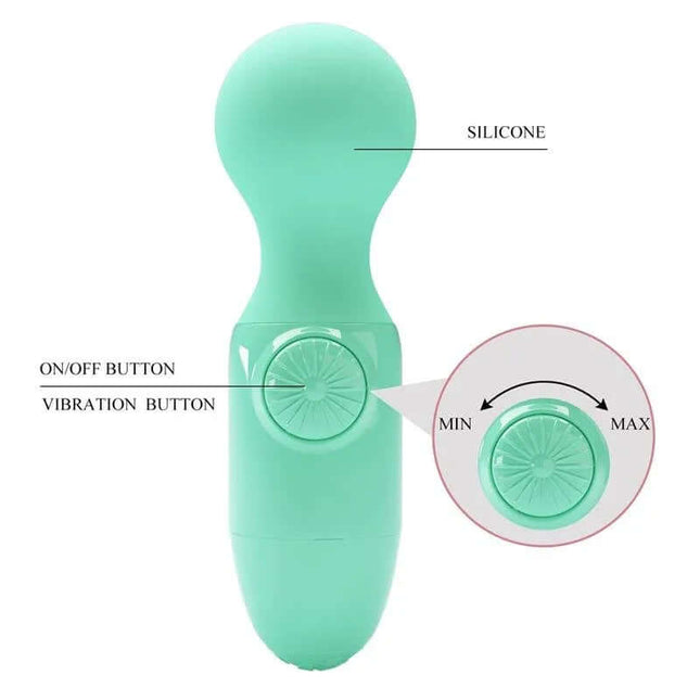 Mini Massager Little Cute Green featuring a palm-sized design, soft silicone cover, and easy control buttons for adjustable vibrations.
