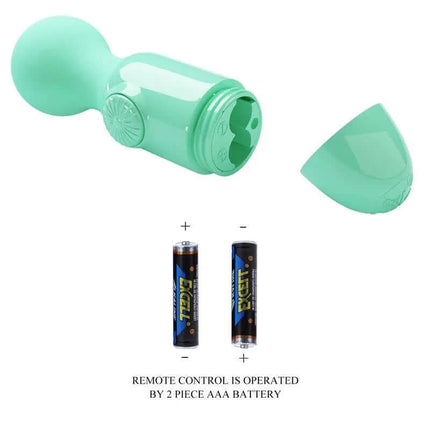 Mini Massager Little Cute Green with waterproof silicone design, shown with removable cap and AAA battery operation for convenience.