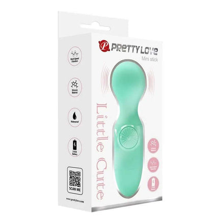 Packaging of Mini Massager Little Cute Green showcasing compact, waterproof design with soft silicone surface.