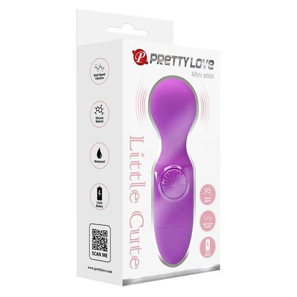 Mini Massager Little Cute Purple in packaging with features like waterproof and compact design displayed on the box.