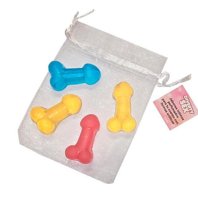 Set of 4 Mini Penis-Shaped Soaps Colors in a sheer bag with assorted vibrant hues, ideal for playful gifting and stylish bathroom decor.