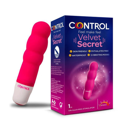 Mini Vibe Velvet Secret 5 Functions in packaging, pink three-sphere design mini vibrator with box, silk-touch, 5 vibration levels.