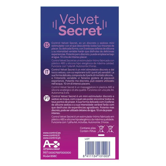 Packaging of Mini Vibe Velvet Secret 5 Functions with product details in multiple languages.