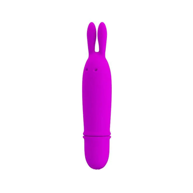 Mini Vibrador Boyce Color Púrpura with rabbit ears, made of high-quality silicone featuring 10 vibration modes, size 12.5 cm x 2.4 cm.