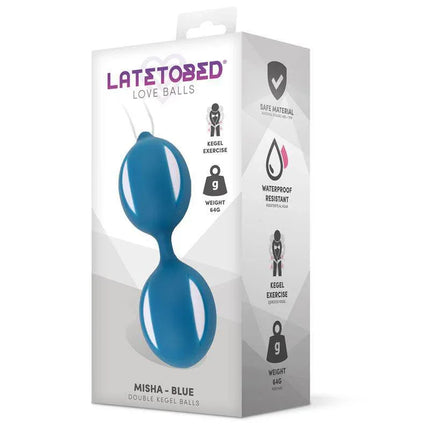 Packaging of Misha Double Kegel Balls with Internal Weight featuring blue spheres from Latetobed.