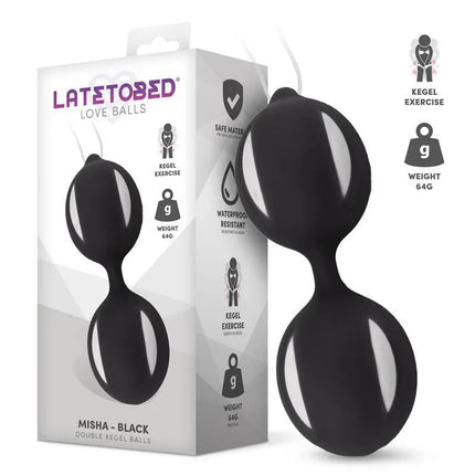 Misha Double Kegel Balls with Internal Weight from Latetobed, black silicone design, for effective pelvic floor training, waterproof.